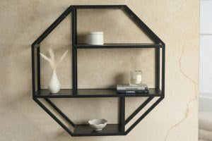 Decorative hexagonal wall shelf made of metal and wood | Modern geometric design for contemporary homes