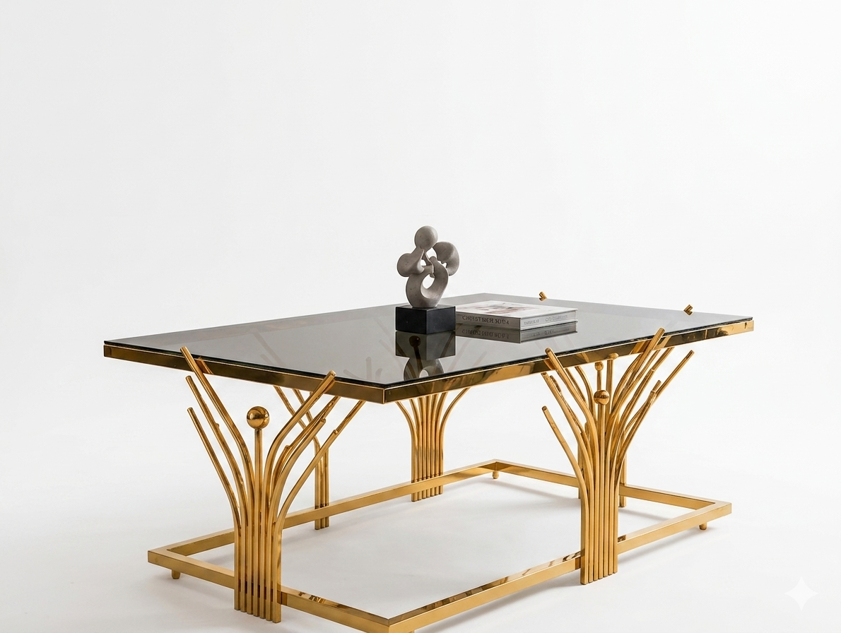 Luxury Rectangular Stainless Steel Coffee Table with Smoked Tempered Glass Top | Gold PVD Finish | 100×50 cm | LION HOME