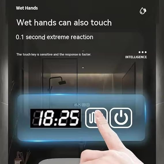 Smart LED touch wall mirror, 80x60cm - Anti-fog heated bathroom mirror with digital clock and temperature display, 3 adjustable lighting modes (warm, neutral, cool), modern frameless design