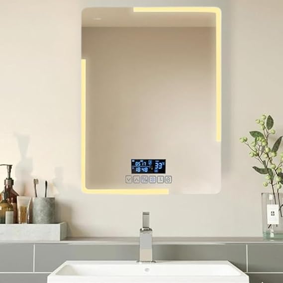 Smart LED mirror with Bluetooth technology, anti-fog, touch control, built-in heater, speaker, digital clock, temperature and date display, 3 adjustable lighting modes, 80x55cm, modern style