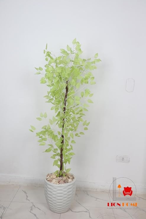 Realistic artificial Benjamin tree with a wooden trunk, plastic leaves, and decorative pebbles in a plastic pot for indoor and outdoor use, 1.45m tall