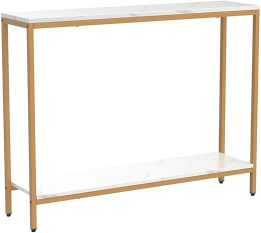 Entryway console table made of artificial marble and medium-density fiberboard with a gold Loglas frame (double layer, white marble)