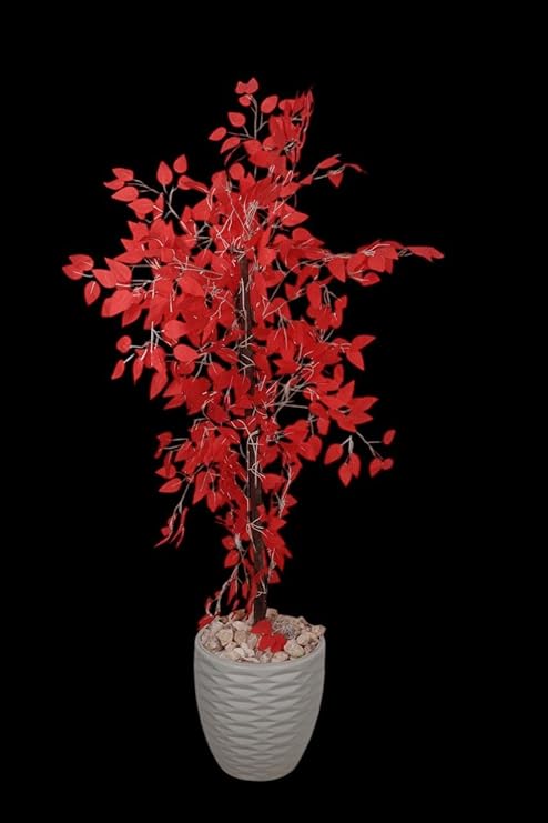 Realistic artificial tree - Artificial Benjamin plant, 145cm tall, for indoor and outdoor use, with a wooden trunk, plastic leaves, and decorative pebbles in a plastic pot - Red