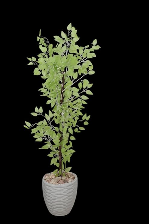 Realistic artificial Benjamin tree with a wooden trunk, plastic leaves, and decorative pebbles in a plastic pot for indoor and outdoor use, 1.45m tall