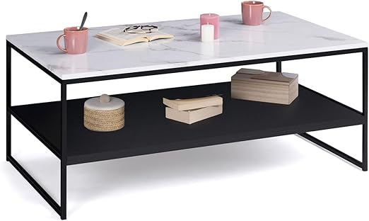 Alaska coffee table with a marble reflection and black wood finish, featuring a metal base, from ID Market.