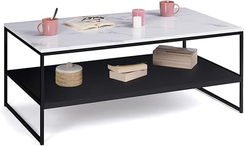 Alaska coffee table with a marble reflection and black wood finish, featuring a metal base, from ID Market.