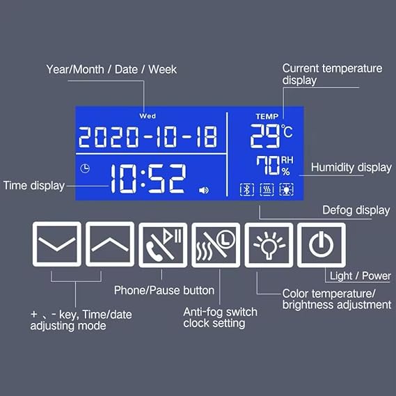 Smart LED mirror with Bluetooth technology, anti-fog, touch control, built-in heater, speaker, digital clock, temperature and date display, and 3 adjustable lighting modes from Leon Home, 1.7m x 60cm