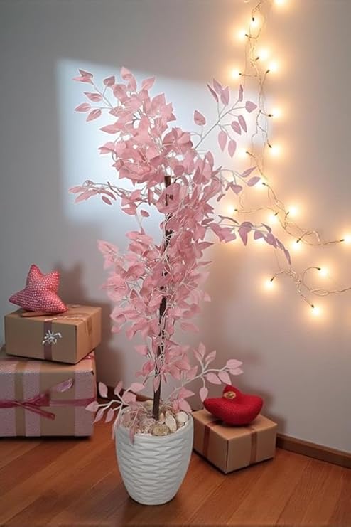 Artificial ornamental plant Benjamina 145cm - Realistic artificial tree for indoor and outdoor use with wooden trunk, plastic leaves and decorative pebbles in a plastic pot - Multi-color options (pink)