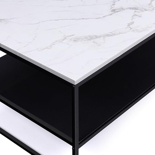 Alaska coffee table with a marble reflection and black wood finish, featuring a metal base, from ID Market.