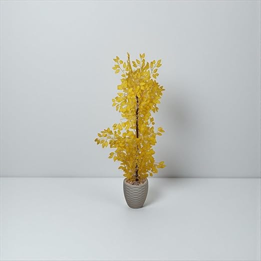 A dense artificial Benjamin fig tree, a realistic artificial tree for indoor and outdoor use, complete with a wooden trunk, plastic leaves, and decorative pebbles in a pot by Lion Home, 1.65m tall, yellow color.