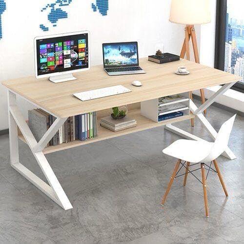 White desk 120x60 cm, large modern writing desk for home office | Study desk with sturdy metal frame and wooden countertop | Computer desk for working from home