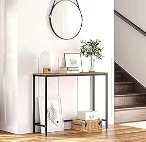 Industrial console table with shelf, black metal frame and brown wood top, entryway table for hallway, living room or behind sofa
