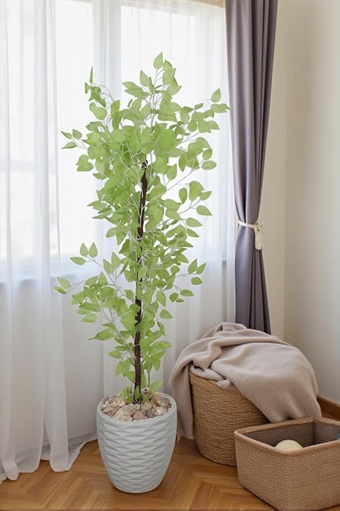Realistic artificial Benjamin tree with a wooden trunk, plastic leaves, and decorative pebbles in a plastic pot for indoor and outdoor use, 1.45m tall