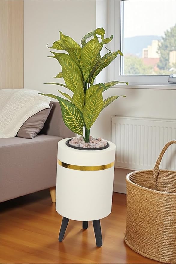 Decorative 95cm Gold Artificial Pothos Plant - Realistic Style Indoor Artificial Plant with Wooden Pot, Plastic Leaves and Decorative Pebbles - Green and Yellow Color - For Home and Office Decor