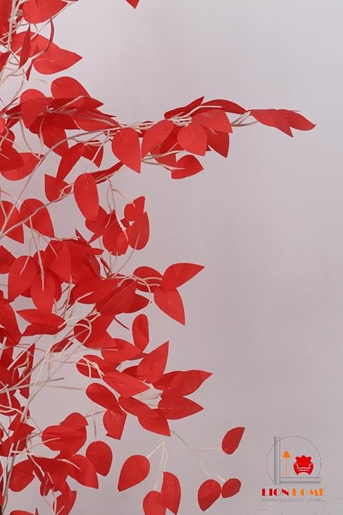 Realistic artificial tree - Artificial Benjamin plant, 145cm tall, for indoor and outdoor use, with a wooden trunk, plastic leaves, and decorative pebbles in a plastic pot - Red