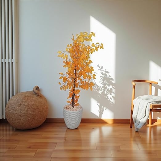 Artificial ornamental plant Benjamina, a realistic artificial tree for indoor and outdoor use, with a wooden box, plastic leaves, and decorative pebbles in a plastic pot, 145 cm tall, available in multiple colors, including orange.