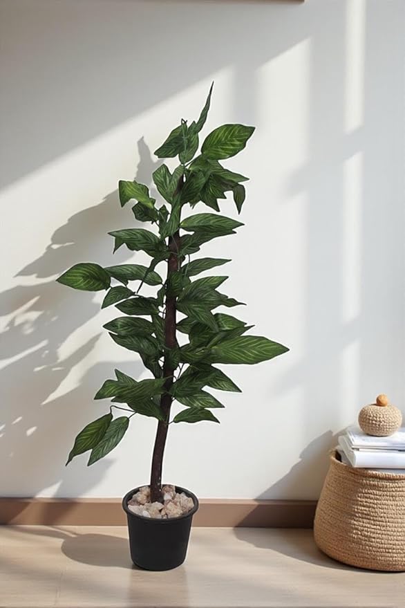 Artificial decorative tree, realistic indoor plant with wooden trunk, plastic leaves, and decorative pebbles for home and office decor, green, 1.2m