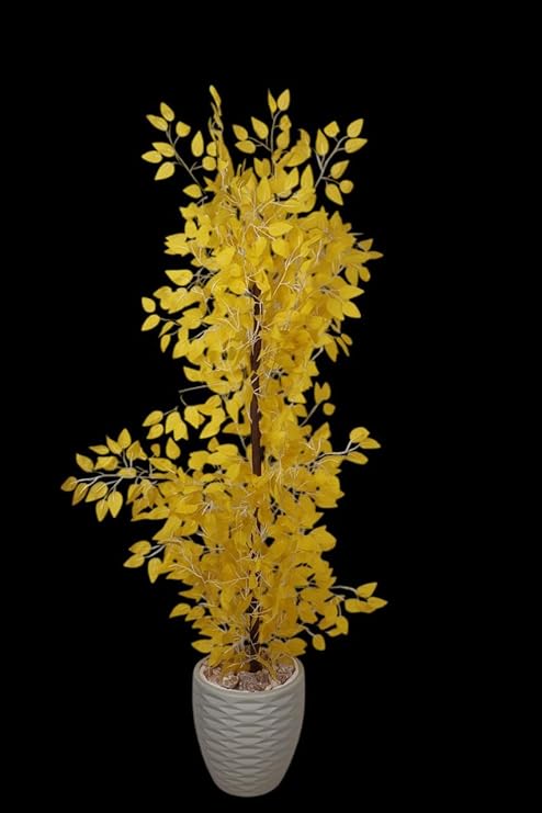 A dense artificial Benjamin fig tree, a realistic artificial tree for indoor and outdoor use, complete with a wooden trunk, plastic leaves, and decorative pebbles in a pot by Lion Home, 1.65m tall, yellow color.