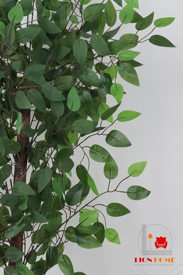 Realistic artificial tree - Artificial Benjamin fig plant, 1.45 meters tall, for indoor and outdoor use, with a wooden trunk, plastic leaves, and decorative pebbles in a plastic pot - Green