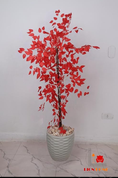Realistic artificial tree - Artificial Benjamin plant, 145cm tall, for indoor and outdoor use, with a wooden trunk, plastic leaves, and decorative pebbles in a plastic pot - Red