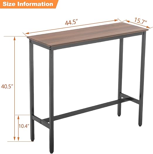 A 41-inch rectangular bar table from Oound, industrial style, suitable for the kitchen, dining room, living room, entryway, and sofa, featuring a brown wood top and black metal frame.