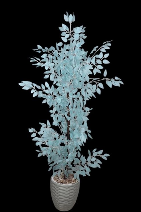 Artificial Benjamin Plant, 165cm tall - Realistic artificial tree for indoor and outdoor use with a wooden trunk, plastic leaves, and decorative pebbles in a pot - Light Blue