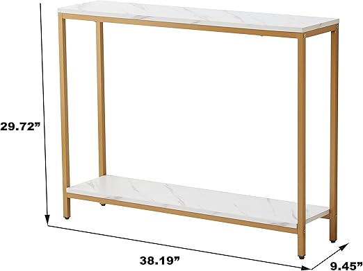 Entryway console table made of artificial marble and medium-density fiberboard with a gold Loglas frame (double layer, white marble)