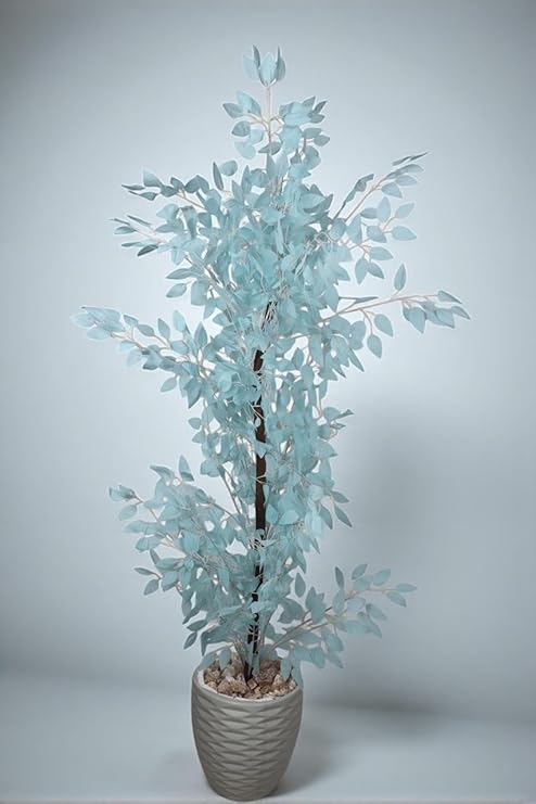 Artificial Benjamin Plant, 165cm tall - Realistic artificial tree for indoor and outdoor use with a wooden trunk, plastic leaves, and decorative pebbles in a pot - Light Blue
