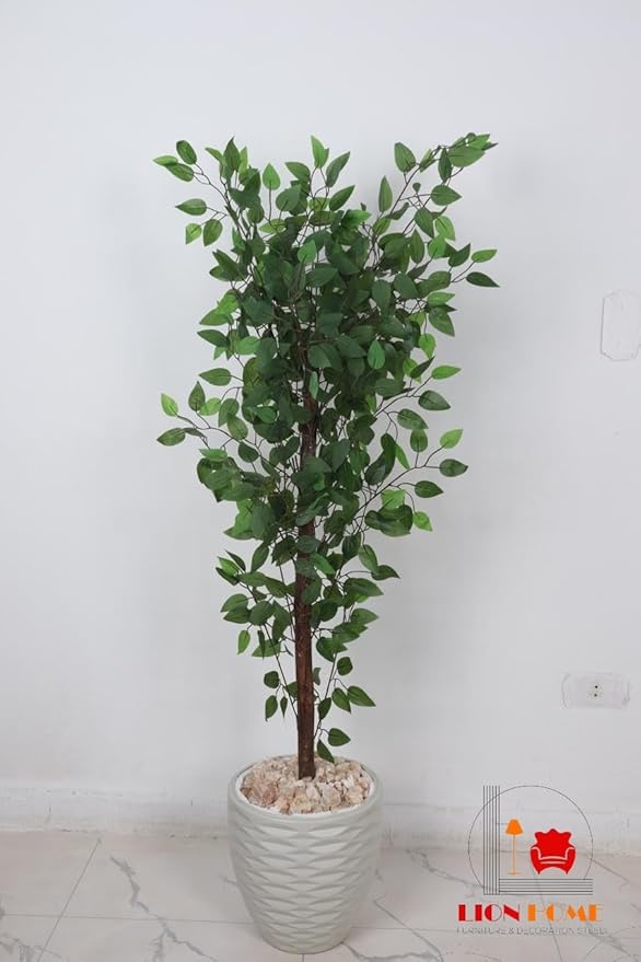 Realistic artificial tree - Artificial Benjamin fig plant, 1.45 meters tall, for indoor and outdoor use, with a wooden trunk, plastic leaves, and decorative pebbles in a plastic pot - Green
