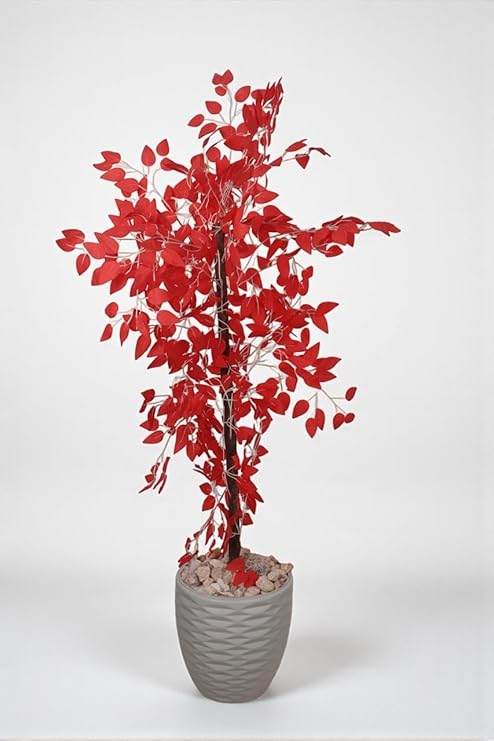 Realistic artificial tree - Artificial Benjamin plant, 145cm tall, for indoor and outdoor use, with a wooden trunk, plastic leaves, and decorative pebbles in a plastic pot - Red