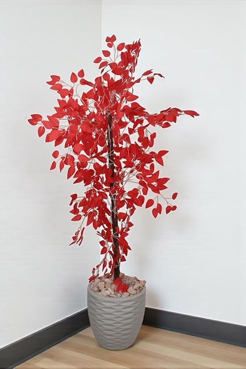 Realistic artificial tree - Artificial Benjamin plant, 145cm tall, for indoor and outdoor use, with a wooden trunk, plastic leaves, and decorative pebbles in a plastic pot - Red