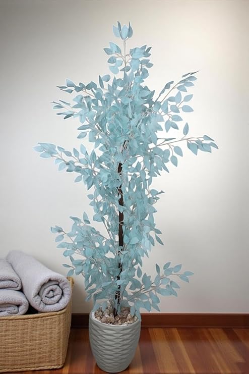 Artificial Benjamin Plant, 165cm tall - Realistic artificial tree for indoor and outdoor use with a wooden trunk, plastic leaves, and decorative pebbles in a pot - Light Blue