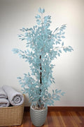 Artificial Benjamin Plant, 165cm tall - Realistic artificial tree for indoor and outdoor use with a wooden trunk, plastic leaves, and decorative pebbles in a pot - Light Blue