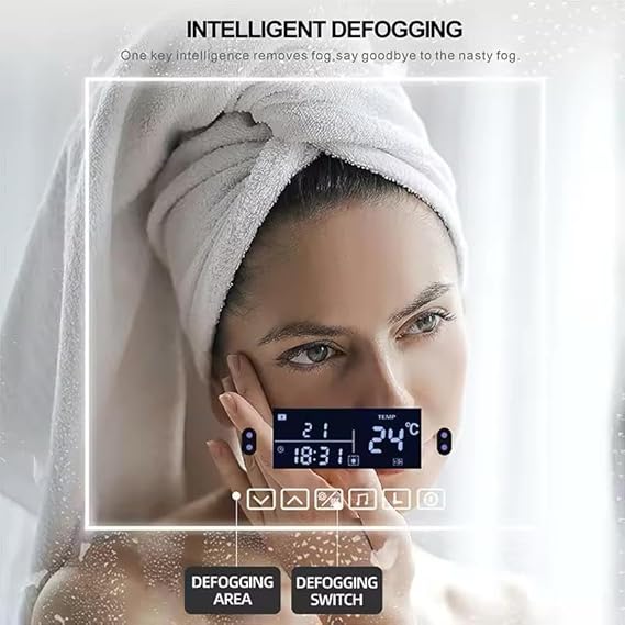 Smart LED mirror with Bluetooth technology, anti-fog, touch control, built-in heater, speaker, digital clock, temperature and date display, 3 adjustable lighting modes, 80x55cm, modern style