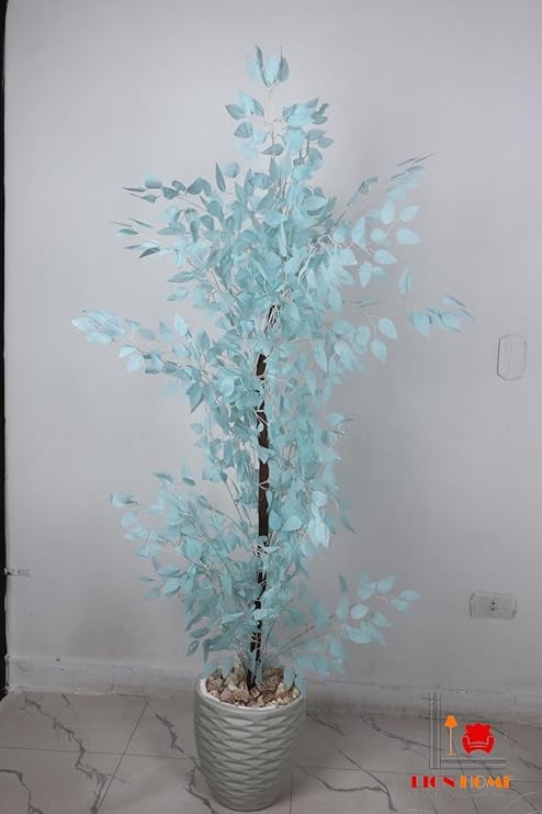 Artificial Benjamin Plant, 165cm tall - Realistic artificial tree for indoor and outdoor use with a wooden trunk, plastic leaves, and decorative pebbles in a pot - Light Blue