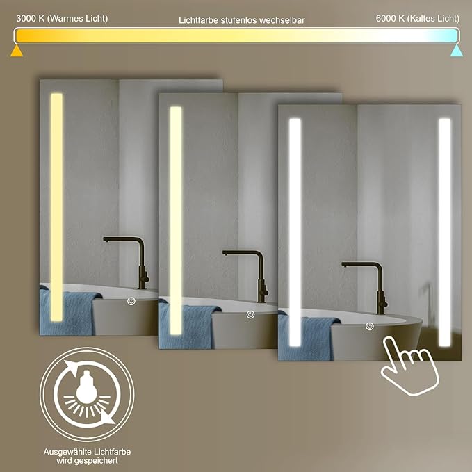 LED Bathroom Mirror 60x80 cm - Touch Control - 3 Light Colors - Anti Fog - Modern Design | Lion Home