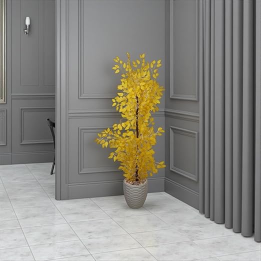 A dense artificial Benjamin fig tree, a realistic artificial tree for indoor and outdoor use, complete with a wooden trunk, plastic leaves, and decorative pebbles in a pot by Lion Home, 1.65m tall, yellow color.