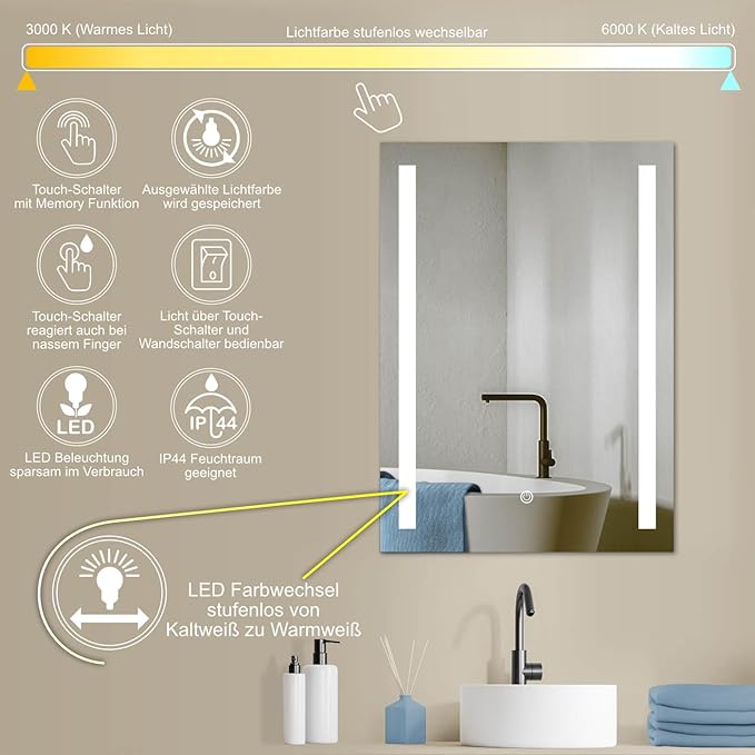LED Bathroom Mirror 60x80 cm - Touch Control - 3 Light Colors - Anti Fog - Modern Design | Lion Home