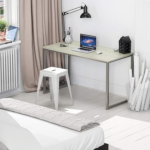 Silver computer desk with a beige top, metal frame, plywood surface, 120 x 60 cm, modern writing desk for home | Study desk with metal frame and storage shelf | Small, space-saving workstation