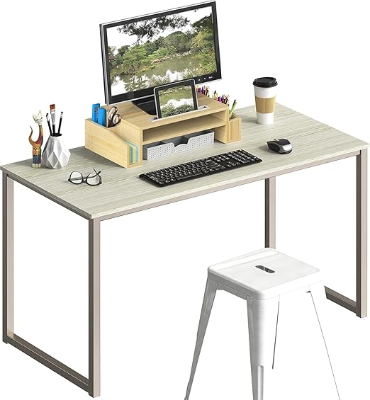 Silver computer desk with a beige top, metal frame, plywood surface, 120 x 60 cm, modern writing desk for home | Study desk with metal frame and storage shelf | Small, space-saving workstation
