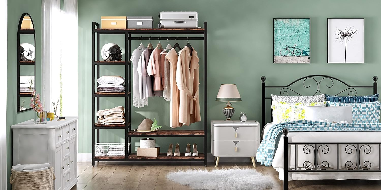 A freestanding wooden clothes rack from Dressing Ventura, heavy-duty with...