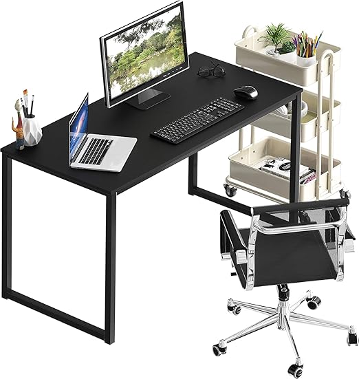 Large computer desk 120x60cm, black home office desk with a sturdy steel frame and wooden countertop | Study and writing table for computers, games, and working from home