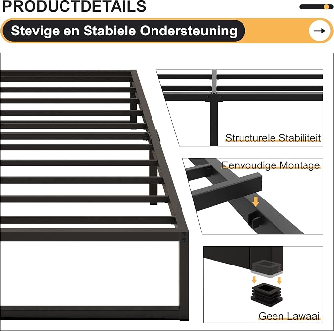 Metal bed frame (90 cm x 2 m), single-size with steel support; easy to assemble, noise-free, and requires no box spring; 30 cm height, black.