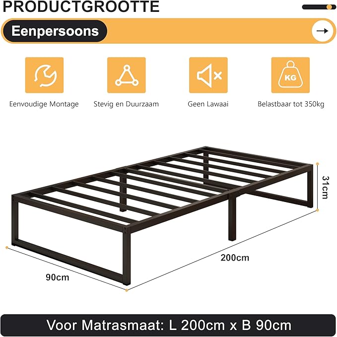 Metal bed frame (90 cm x 2 m), single-size with steel support; easy to assemble, noise-free, and requires no box spring; 30 cm height, black.