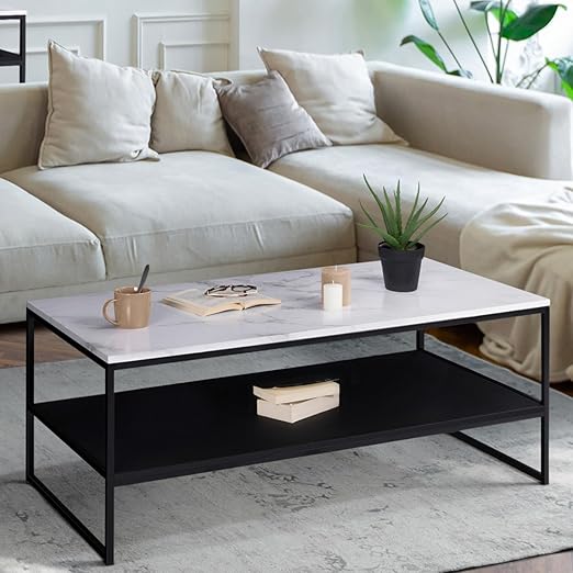 Alaska coffee table with a marble reflection and black wood finish, featuring a metal base, from ID Market.