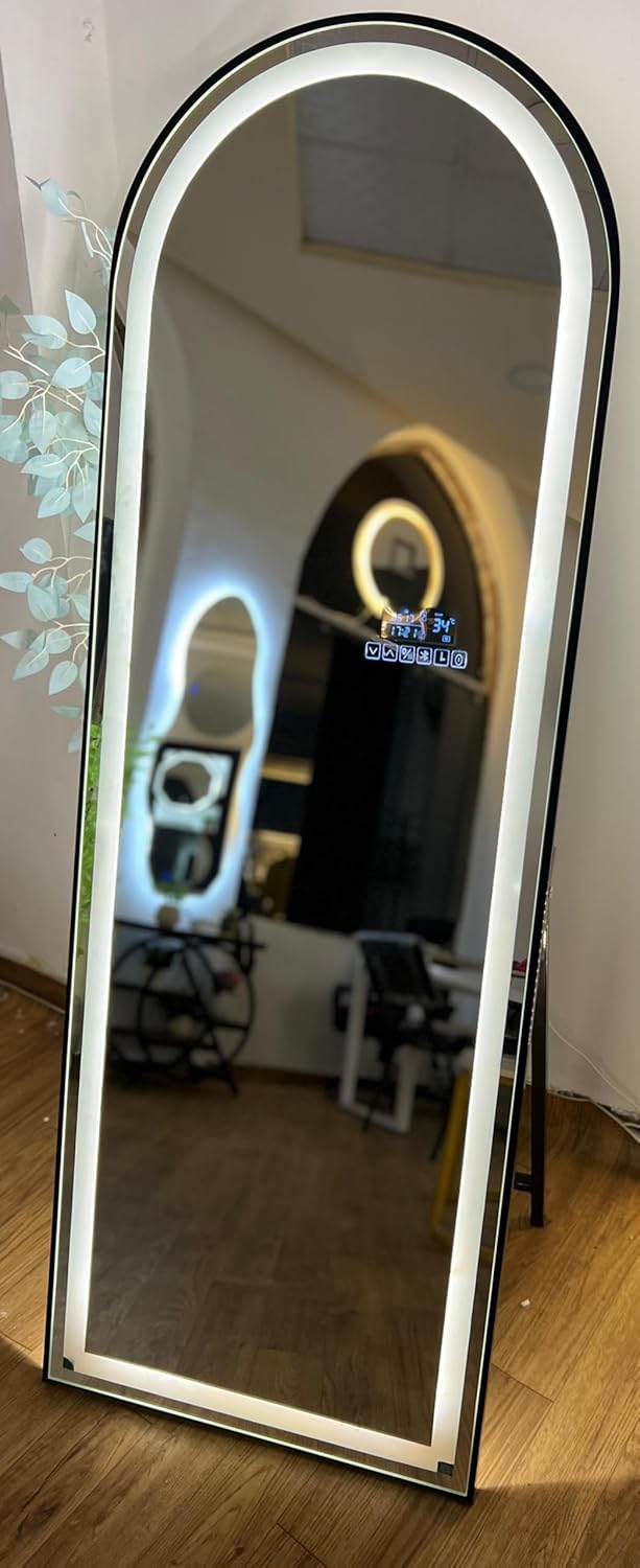 Smart LED mirror with Bluetooth technology, anti-fog, touch control, built-in heater, speaker, digital clock, temperature and date display, and 3 adjustable lighting modes from Leon Home, 1.7m x 60cm