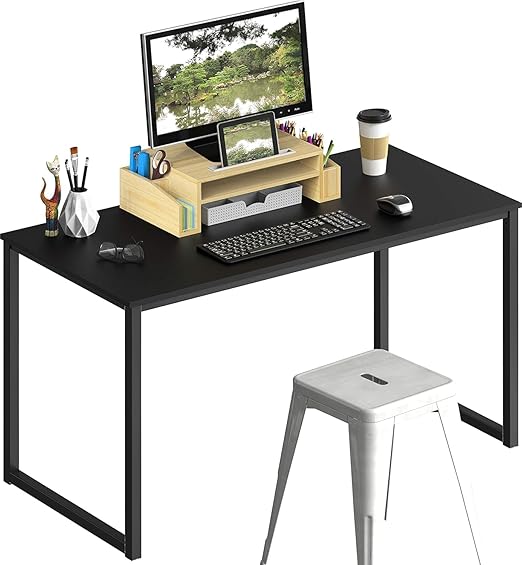Large computer desk 120x60cm, black home office desk with a sturdy steel frame and wooden countertop | Study and writing table for computers, games, and working from home