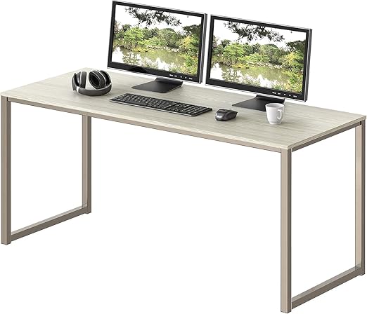 Silver computer desk with a beige top, metal frame, plywood surface, 120 x 60 cm, modern writing desk for home | Study desk with metal frame and storage shelf | Small, space-saving workstation