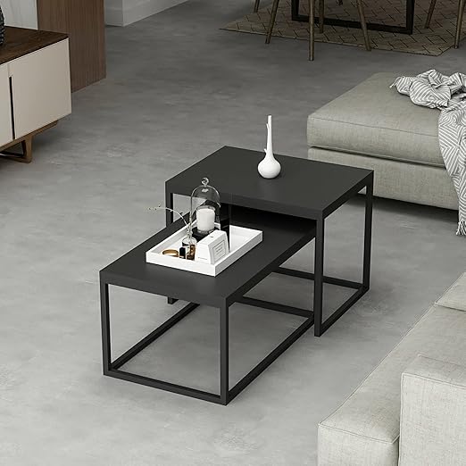 Set of 2 side coffee tables made of wood panels and metal, In Casa, matte black finish