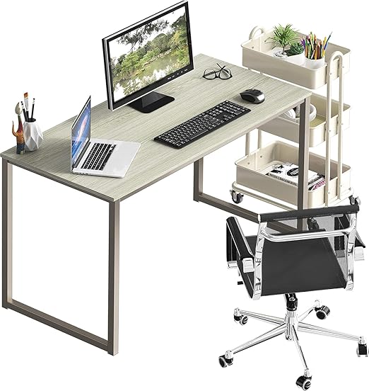 Silver computer desk with a beige top, metal frame, plywood surface, 120 x 60 cm, modern writing desk for home | Study desk with metal frame and storage shelf | Small, space-saving workstation